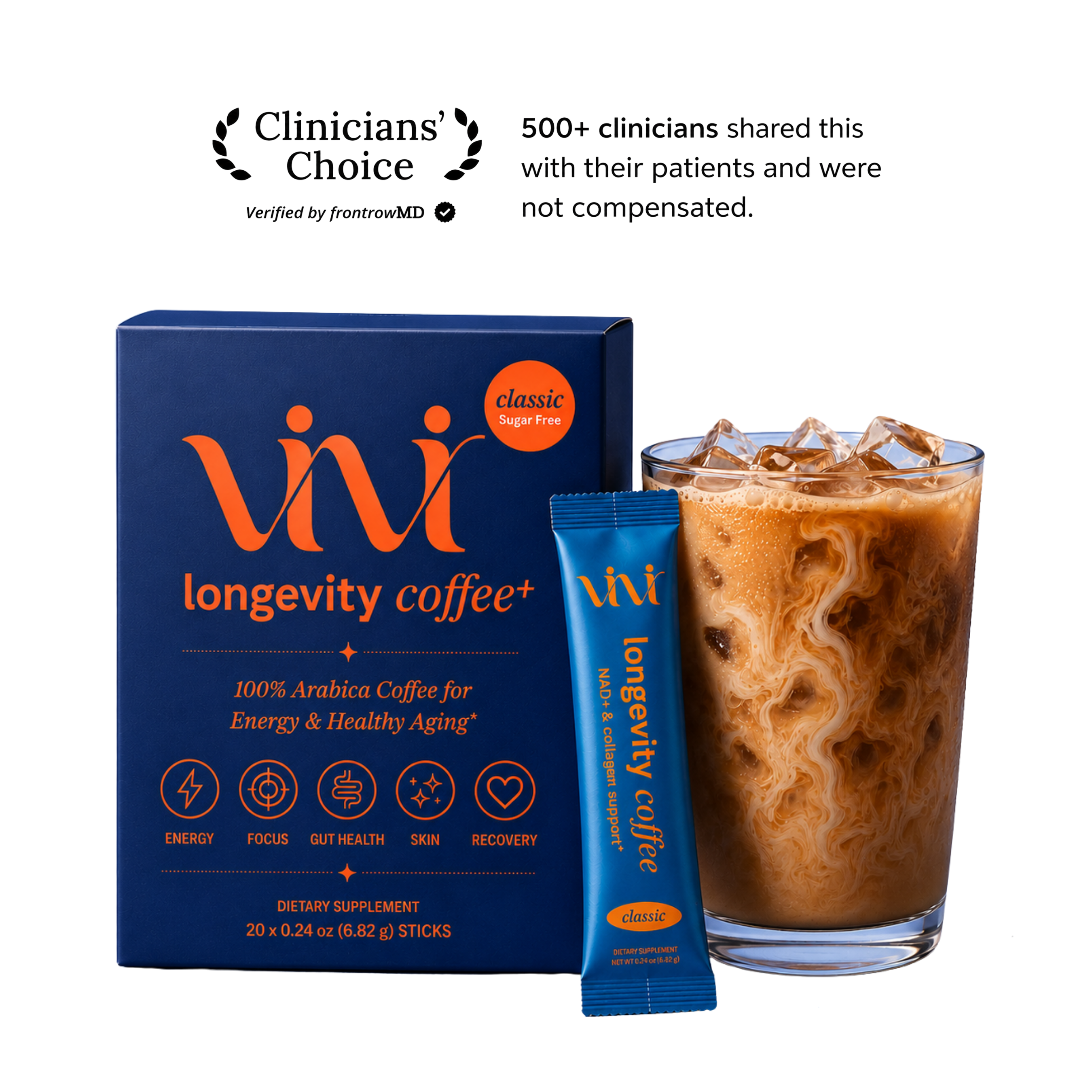 Vivi Longevity Coffee+ dietary supplement box and single stick pack shown beside a glass of iced coffee on a white background, with Clinicians' Choice badge and supporting text above.