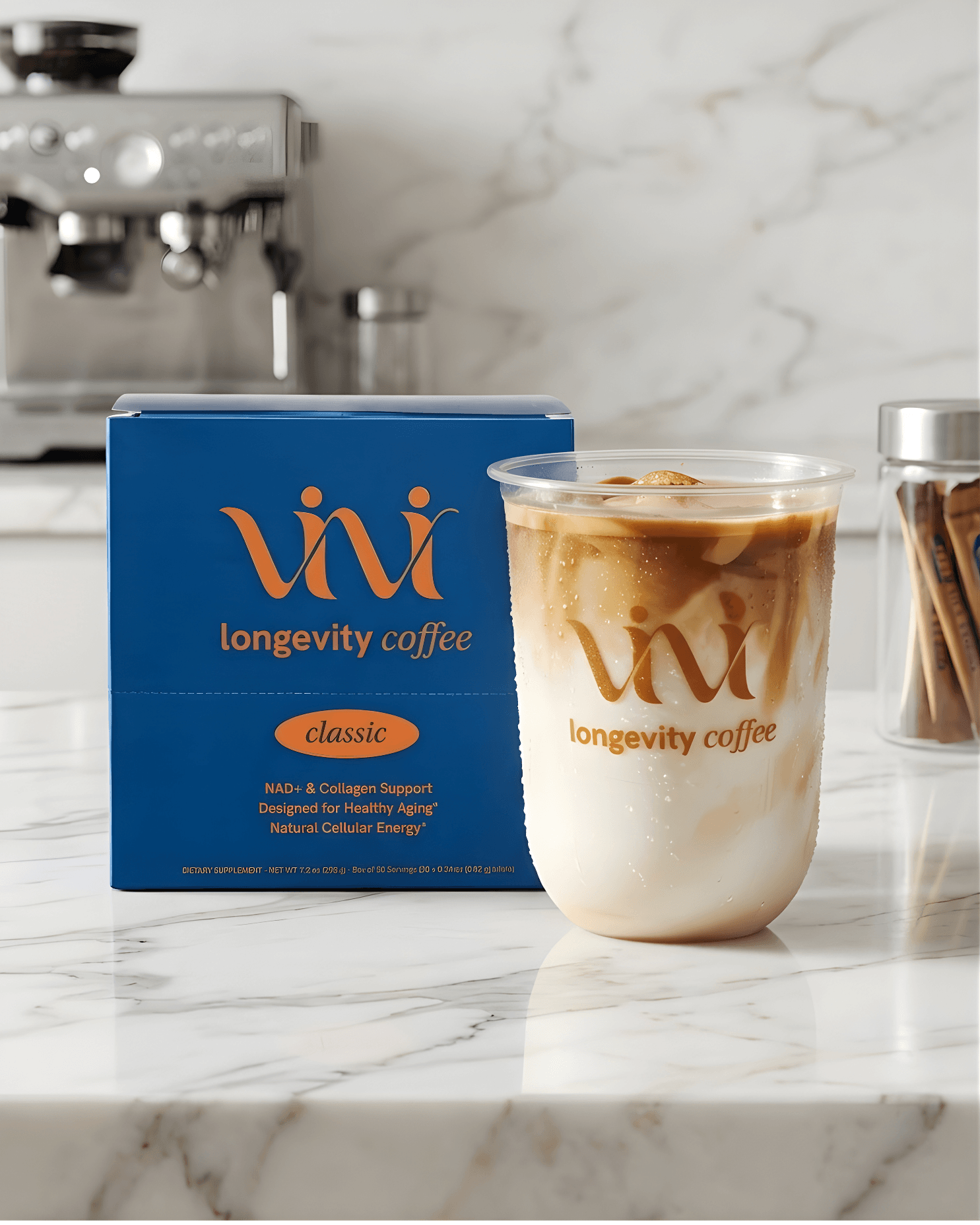 Vivi Longevity Coffee packaging and a cup of coffee on a marble surface.