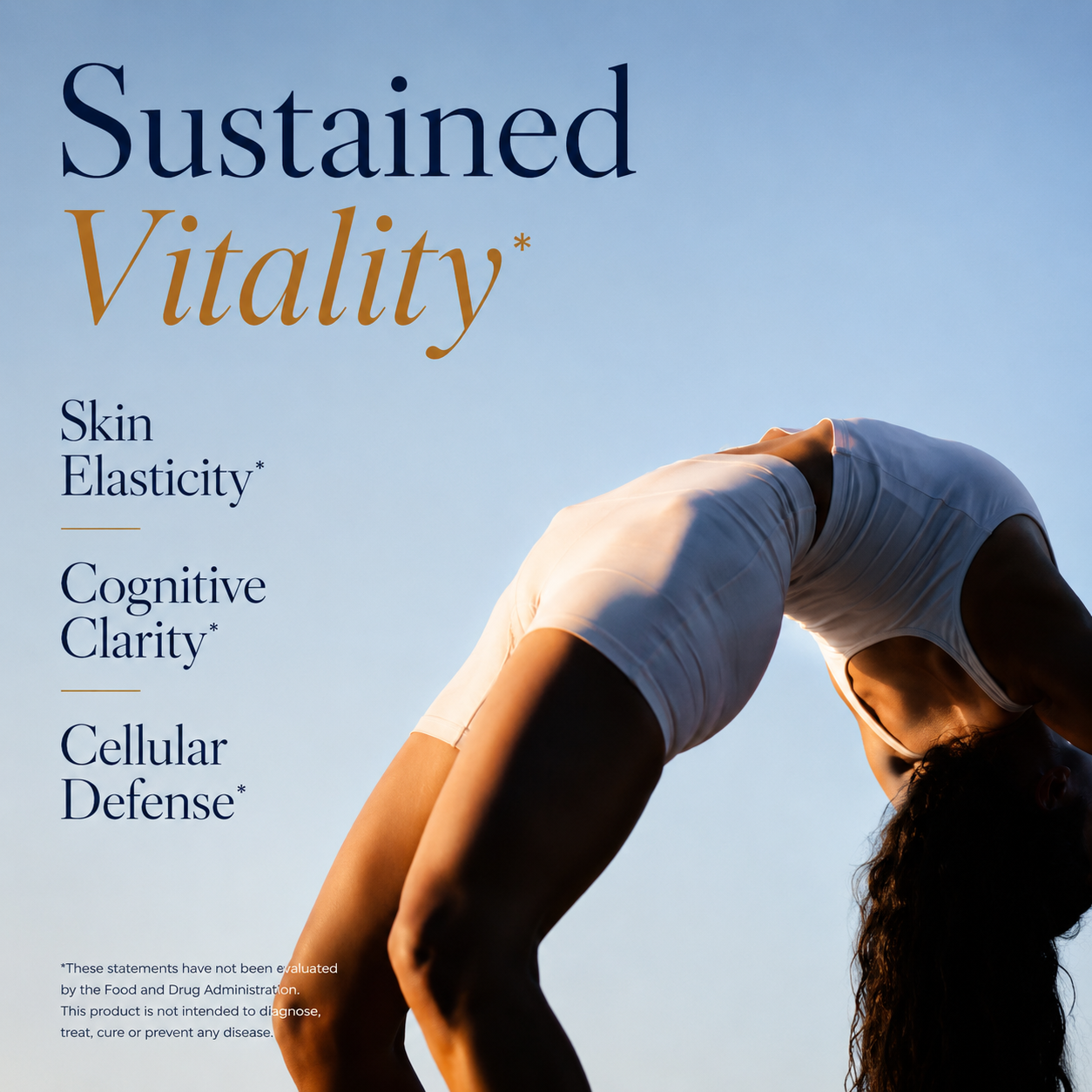 A woman in a white tank top and shorts arches backward against a clear blue sky, with large text reading 'Sustained Vitality' and more about what the product does